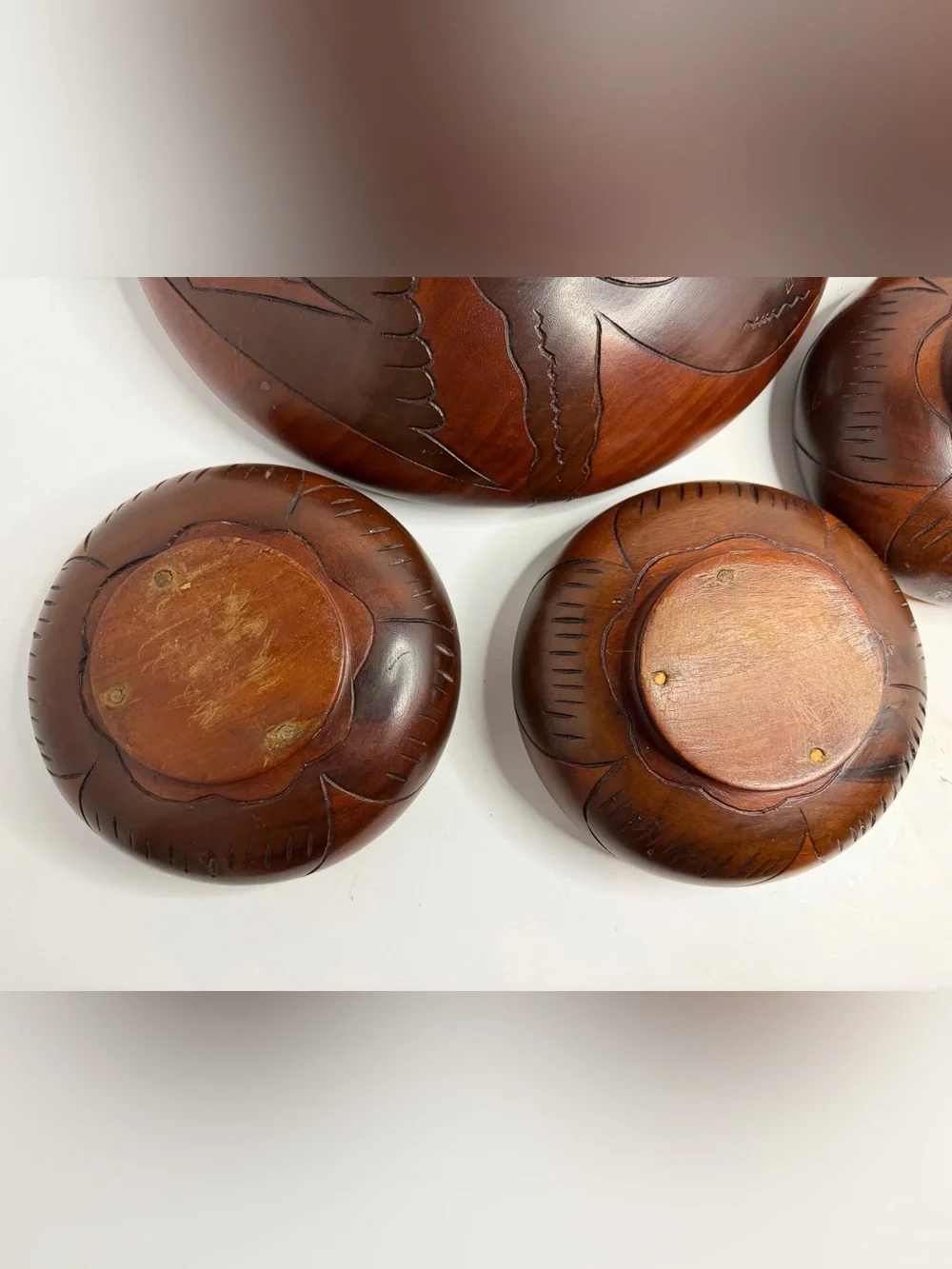 Mid-Century Modern 5-Piece Hand-Carved Mahogany Serving Set Salad Stunning Vtg